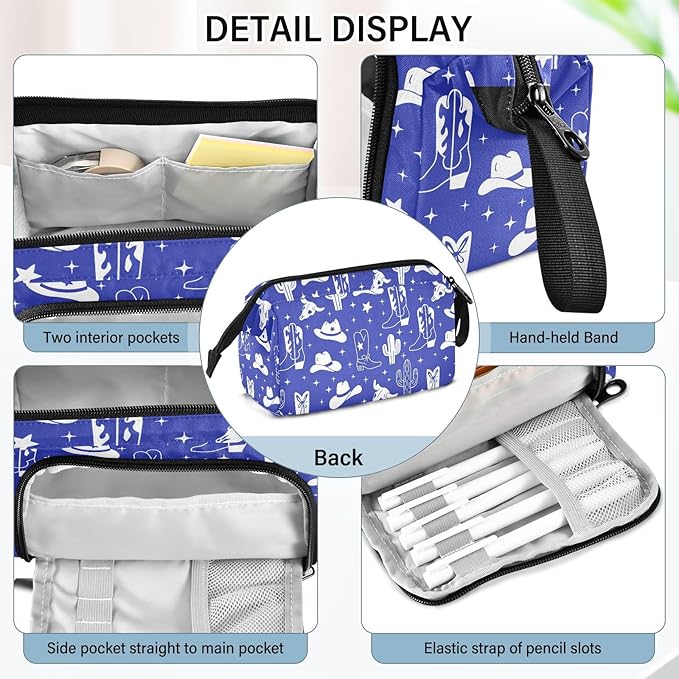 Western Cowboy Blue Pencil Case Pouch Big Capacity Pencil Bag Box Organizer Pen Case with Handle Pencil Cases for Girls Boys Women Kids Adults School