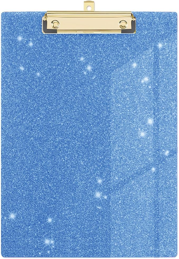 Glitter Acrylic Clipboard Decorative Standard A4 Letter Size 12.2" x 8.7", Fashion Bling Clip Boards with Designed Low Profile Gold Clip for Classroom Office - Light Blue