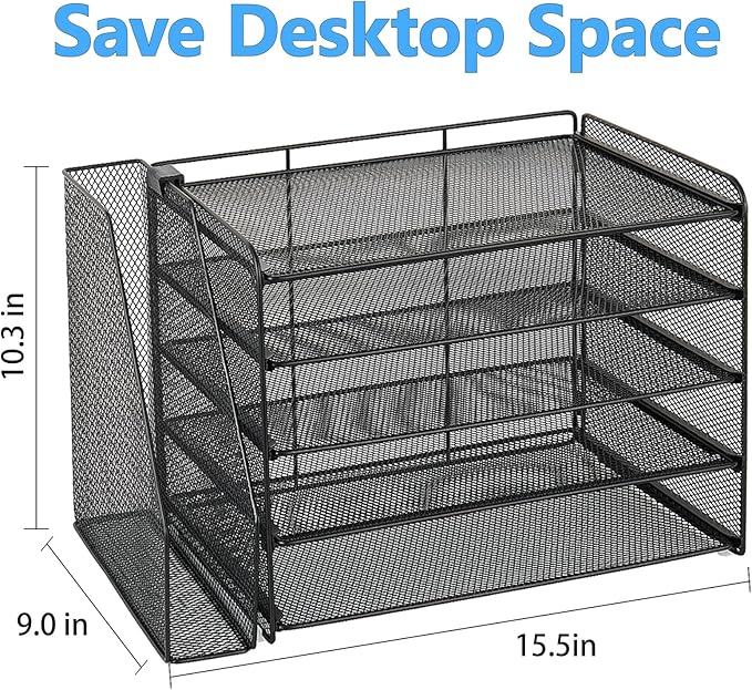 OPNICE Desk Organizer, 5-Tier Paper Organizer Letter Tray with Magazine Holder, Office Desk Accessories & Workspace Organizers, Desktop File Organizer for Office Supplies Storage, Black