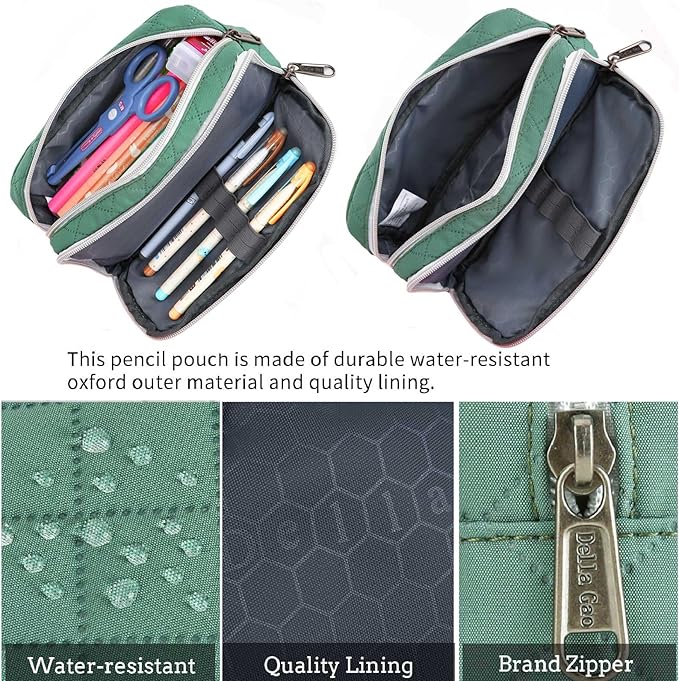 Della Gao Pencil Case Large Capacity Pencil Pouch Soft Quilted Pen Bag Office Stationery Organizer Sturdy Pencil Bag for Men Women - Dark Green