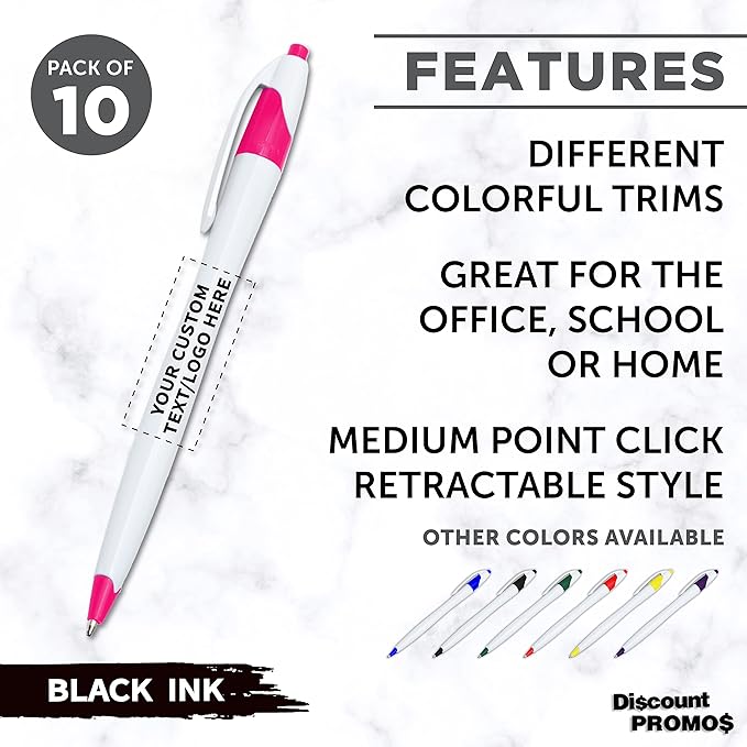 DISCOUNT PROMOS Custom Slim Curvy Ballpoint Pens Set of 10, Personalized Bulk Pack - Black Ink, Retractable, Great for Office, School, Tradeshows - Pink