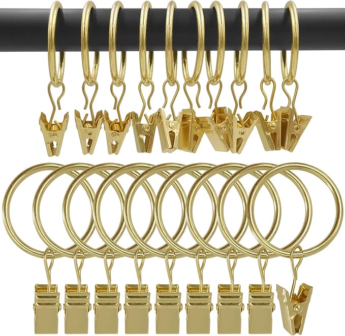 AMZSEVEN 100 Pack Curtain Rings with Clips, Drapery Clips with Rings, Drapes Rings 1.26 in Interior Diameter, Fits up to 1 in Curtain Rod, Gold Color