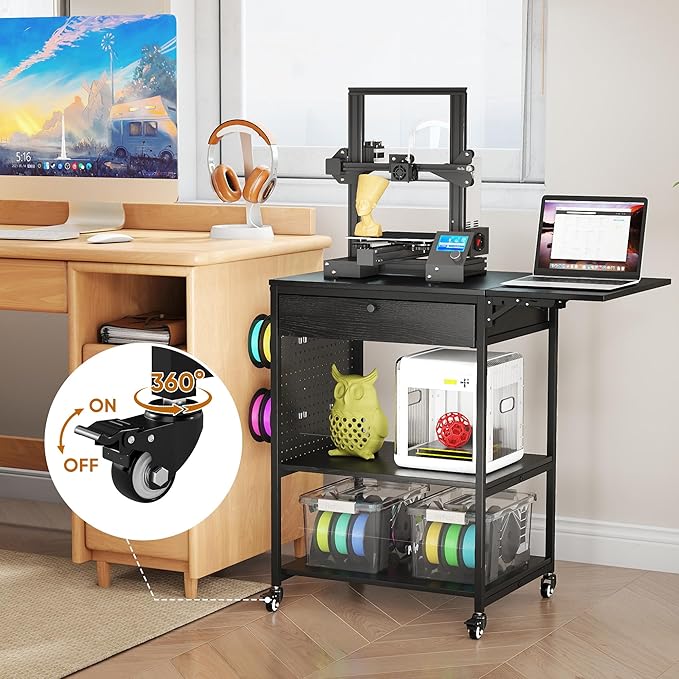3D Printer Stand with 40pcs Filament Storage,4 Tier 3D Printer Table Printer Stand with Wheels, Heavy Duty Filament Storage Rack with Drawers and Spool Hooks for Studio, Home Office