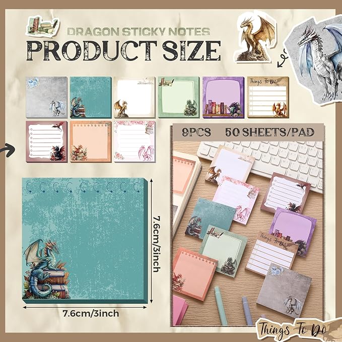 9 Pads Dragon Sticky Notes 3x3 Inch Cute Self Stick Notepads Notes Adhesive Memo Pad Office Decor Gifts for Students School Teacher Meeting Office Supplies