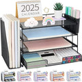 OPNICE Desk Organizer, 4-Tier Desktop File Organizer with Drawer and 2 Pen Holders, Office Desk Accessories, File Sorters, Workspace Organizers for Office Supplies(Black)