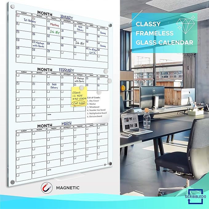 Glass Whiteboard Calendar 34x46” Quarterly Planner White Board Dry Erase Board 3 Month for Wall Glass Whiteboard Home Office Large Wall Calendar & Marker Tray