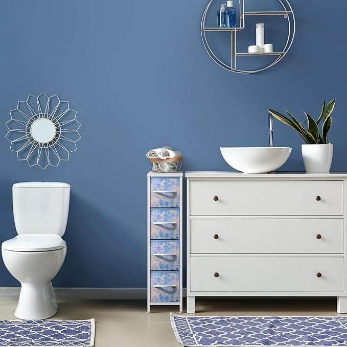 Sorbus Kids Narrow Dresser with 4 Drawers - Vertical Slim Storage Chest of Drawers with Steel Frame, Wood Top & Easy Pull Fabric Bins for Small Spaces, Closets, Bedroom, Bathroom & Laundry