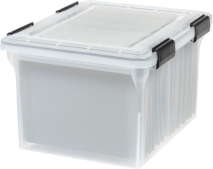 IRIS USA File Box WeatherPro File Organizer Plastic File Box for Letter/Legal File, Water Resistant Document Box, Durable Lid, Seal w/ Secure Latching Buckles, Stackable, Nestable, Clear 32 Qt. 1Pack