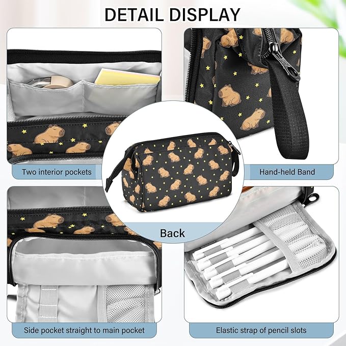 Capybara Stars Black Pencil Case Pouch Big Capacity Pencil Bag Box Organizer Pen Case with Compartmens Stationery Organizer for Girls Boys Adults Women School Office