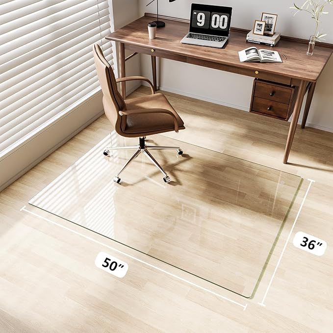 FlyEcho Glass Chair Mat 36" x 50" Heavy Duty Tempered Glass Office Chair Mat, Glass Floor Mat with Round Corner and Polished Edge for Smooth Glide, Carpet Hardwood Floor Protector