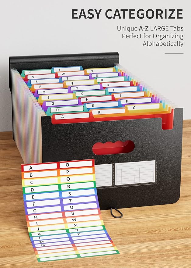 ABC life 26 Pockets Expanding File Folder, Letter A4 Accordion File Organizer, 3 Tab File Folder, Portable Monthly Paper Bill Tax Receipt Organizer with Colorful A-Z Alphabetical Tabs - Black