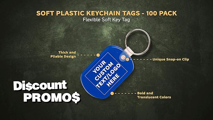 DISCOUNT PROMOS Tag Soft Plastic Keychains - 100 pack - Customizable Text, Logo - Small Key Tag Chain For Staying Organized - Rubber Key Ring Keychain – Blue