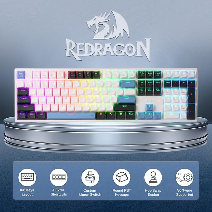 Redragon K668 Wired Gasket RGB Gaming Keyboard, 108 Keys Mechanical Keyboard w/Extra 4 Hotkeys, Upgraded Hot-swappable Socket, Sound Absorbing Foam, Mixed Color Keycaps, Custom Linear Switch