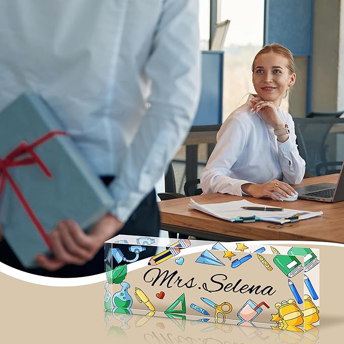 Personalized Name Plate for Desk, Custom Acrylic Desk Name Sign, Office Appreciation Gifts for Women Men Coworkers Boss Teacher Employee (Teacher)