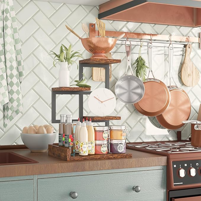 YMYNY Desktop Shelf Organizer, 4 Tier Storage Display Rack, Desk Shelf Organizer Small Bookshelf with Metal Frame for Office, Books, Plants, 12.2" x 9.45" x 17.52", Rustic Brown Black UHSR007H