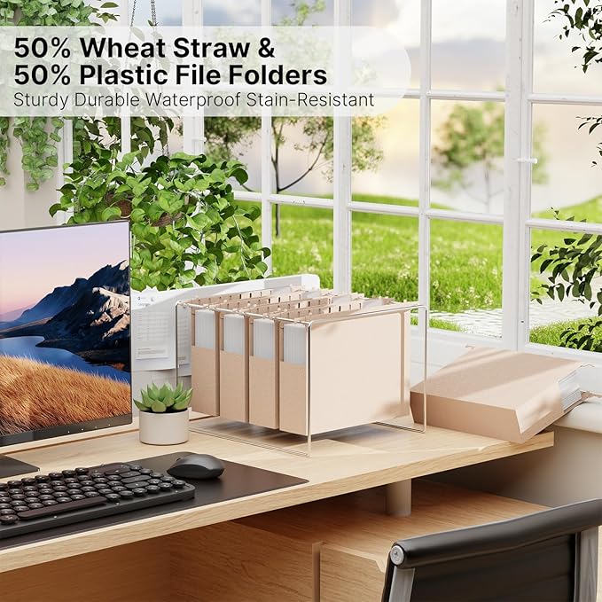 Wheat Straw Plastic Hanging File Folders Letter Size, 12 Pack Extra Capacity Filing Cabinet Folders for Bulk Files/Medical Charts, Heavy Duty 2 Inch Expansion File Organizer(Morandi Pink)