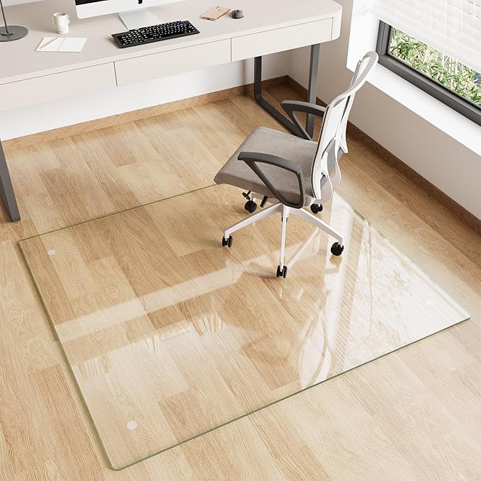 FlyEcho Glass Chair Mat 42" x 48" Heavy Duty Tempered Glass Office Chair Mat, Glass Floor Mat with Polished Edge and Round Corner for Smooth Glide, Carpet Hardwood Floor Protector