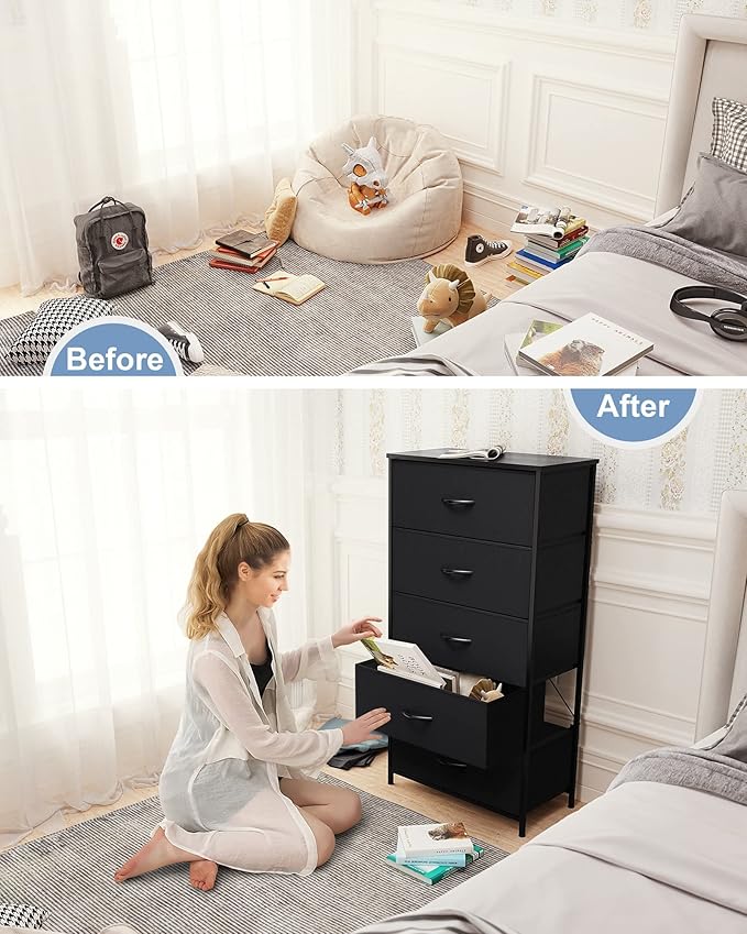 Crestlive Products Vertical Dresser Storage Tower - Sturdy Steel Frame, Wood Top, Easy Pull Fabric Bins - Wide Organizer Unit for Bedroom, Hallway, Entryway, Closets - 5 Drawers(Black)