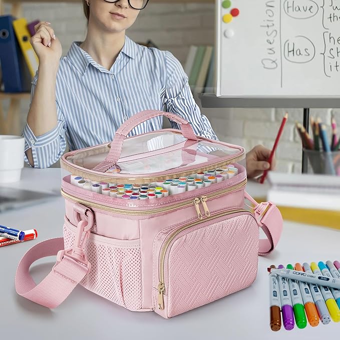 Marker Organizer Case for 100 Markers, Marker Storage Organizer Bag with Divider and Shoulder Strap, Marker Travel Carrying Case with 3 Pockets, Pink (Patented Design)