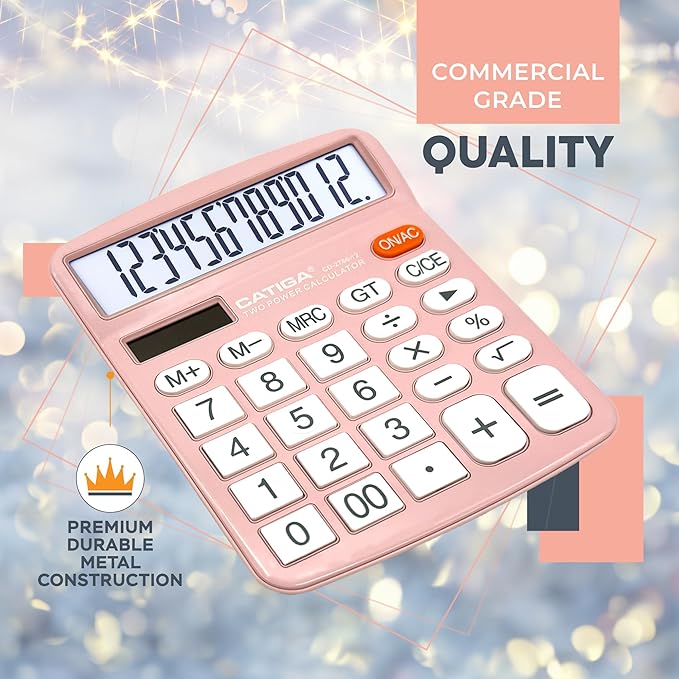 CATIGA Desktop Calculator (2 Pack) 12 Digit with Large LCD Display and Sensitive Button, Solar and Battery Dual Power, Standard Function for Office, Home, School, CD-2786 (Light Blue/Light Pink)