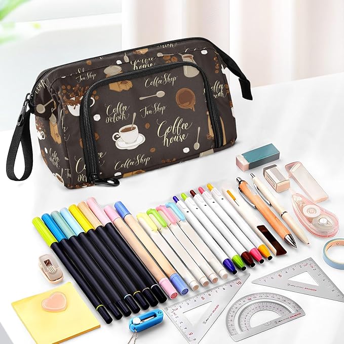 Tea Coffee Pencil Case Pouch Big Capacity Pencil Bag Box Organizer Pen Case Pencil Pouch Aesthetic with Handle for Girls Boys Adults Women School Office