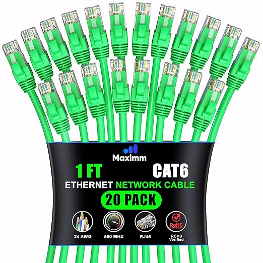 Maximm Cat 6 Ethernet Cable 1 ft (20-Pack) - High-Speed LAN Cable, Internet Cable, Patch Cable, and Network Cable - UTP, 10Gbps, 550MHz Ethernet Cord - Green