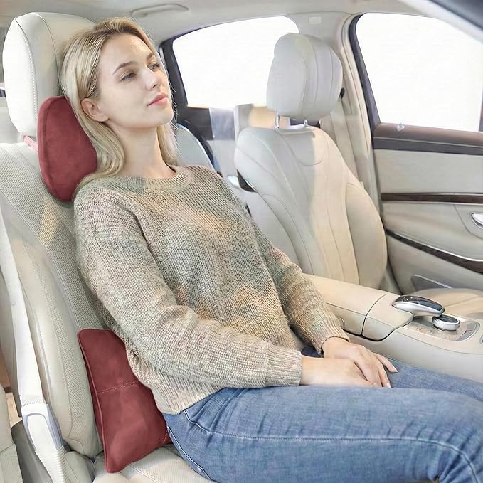 2PCS Car Pillow for Car Neck Pillow for Driving Seat Lumbar Support Soft Cushion with Extra Filling Accessories Back Support for Travel Nap and Trips Sleeping(Red, Head and Lumbar)