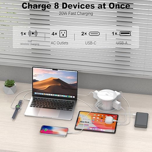 Pop Up Countertop Outlet with 15W Wireless Charger, PD 20W USB-C Ports & 4 AC Outlets, 800J Surge Protection, 4.75 inch Pop Up Receptacle, 6Ft Cord for Home Office(ETL & FCC Listed)