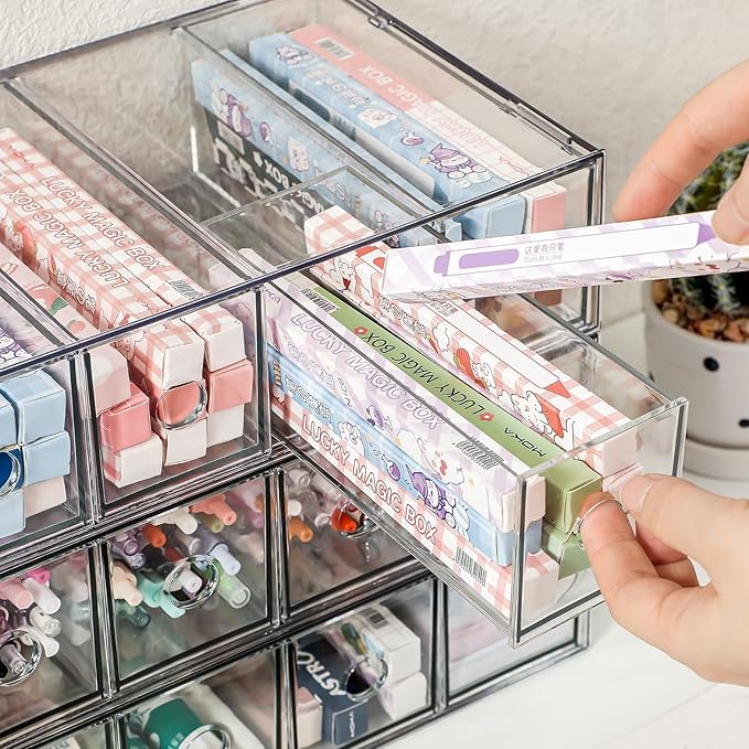 3-Pack Stackable Acrylic Storage Drawers, Desk Organizer Transparent Cosmetic Storage Boxes, 4 Compartment Design Suitable for Stationery, Dressing Table, Sunglasses, Jewelry Storage Organization