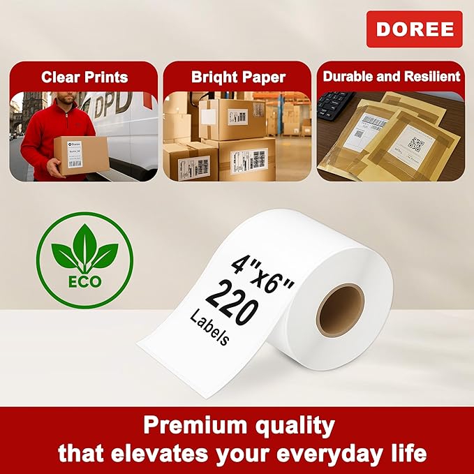 DOREE 4-Roll 4" x 6" Extra-Large Shipping Labels 1744907 with chip, Compatible with Dymo LW 5XL and 4XL Label Printers. (Thermal Shipping Labels, White,4-Rolls Total 880)
