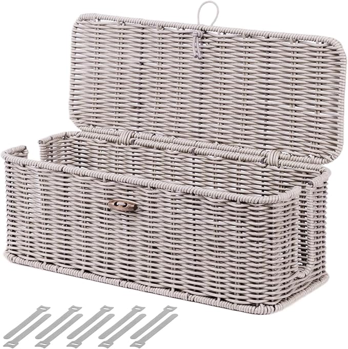 BROWNLILY Cable Management Box, Rattan Style Cord Organizer for Desk Cord Hider Outlet Covers Baby Proofing for Power Strip TV PC Router Charger Under Desk Storage with Lockable Lid and Cable Ties