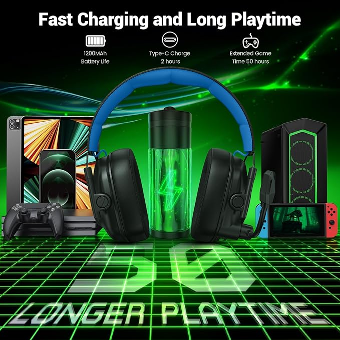 Krysenix Wireless Gaming Headset with Noise Canceling Microphone for PC, PS5, PS4, Switch, Mac, 2.4 GHz Wireless & Bluetooth 5.4 Gaming Headphones, Cool RGB Lighting, 50Hr Battery, 50mm Drivers(Blue)