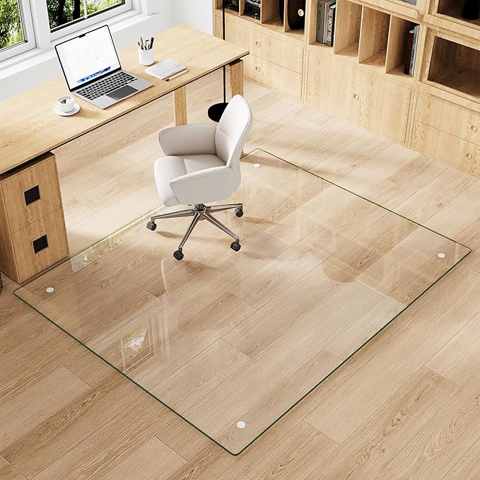 Tempered Glass Chair Mat for Carpet & Hard Floor, 48"x60" Office Chair Mat - Heavy Duty & Scratch Resistant, Non-Slip Pads, Rounded Corners & Polished Edges