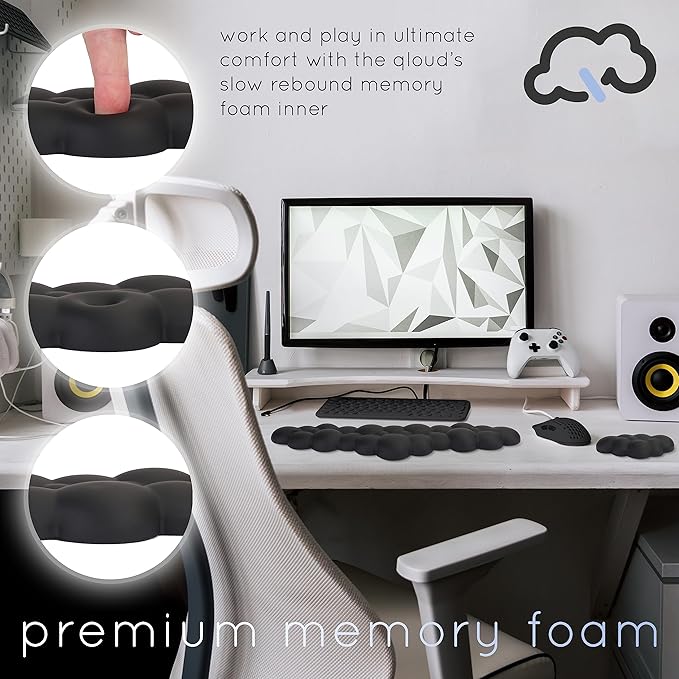 Qloud Cloud Wrist Rest Keyboard Wrist Rest for Computer Keyboard Pad, Cloud Keyboard Wrist Rest, Wrist Pad for Keyboard, Memory Foam, Non Slip Base, Comes with Mouse Pad - Matte Black