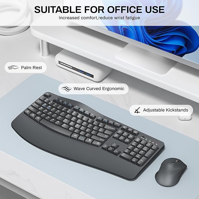 Wireless Keyboard and Mouse Combo,2.4G Full Size Wave Keys Ergonomic Keyboard with Wrist Rest for Natural Typing, 3 DPI Adjustable Ergonomic Silent Mouse for Computer/Laptop/Windows/Mac (Gray)