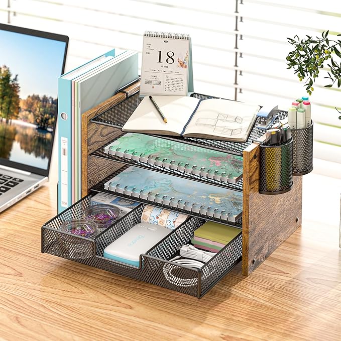 Wooden Desk Organizers and Accessories with File Holder, 4-Tier Paper File Organizer with Drawer & 2 Pen Holders, Office Desk Accessories, Desktop Organizer and Storage for Home Office