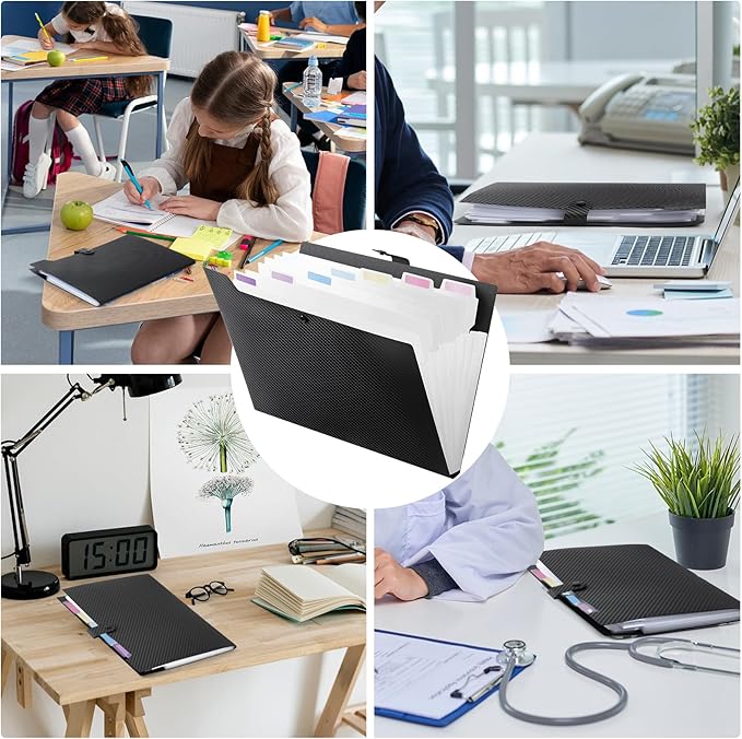 Expanding File Folder with 8 Pockets, Accordion File Organizer Folder with Labels, Portable Folders for Documents, School Office Supplies, Letter A4 Size, Black