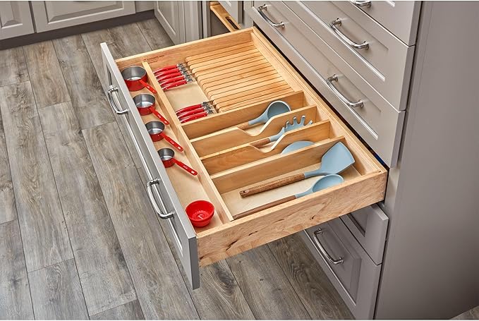 Rev-A-Shelf Trim-to-Fit Wooden Kitchen Drawer Divider and Knife Block Utility Holder Tray Organizer Insert, 33.13 x 22 In, Maple, 4WUTKB-36SH-1