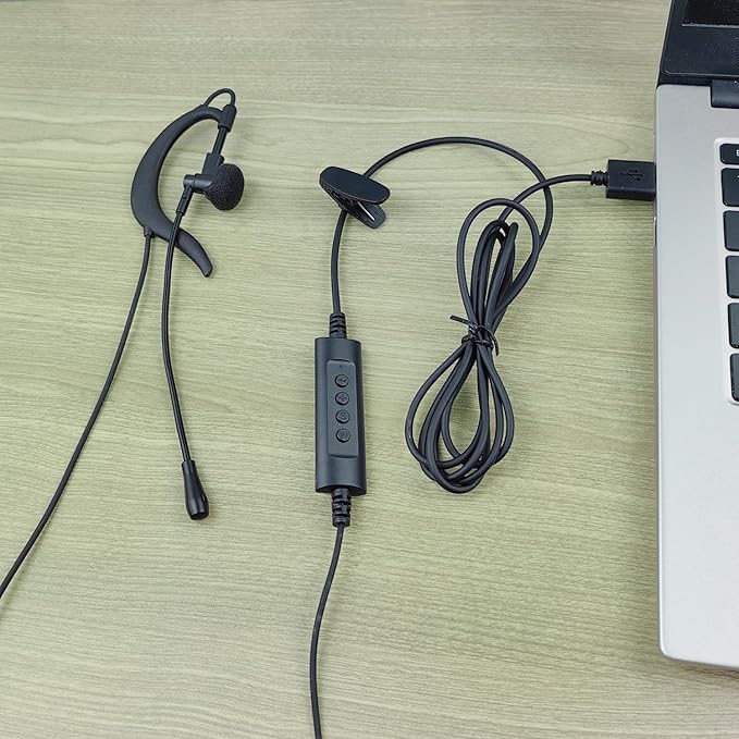 Wired USB Earbud with Microphone Single-Side USB-A Computer Headphone with Adjustable Ear Hook for PC Laptop Computer Mac Zoom Teams Office Work with Volume Controls & Mic/Speaker Mute, Lightweight
