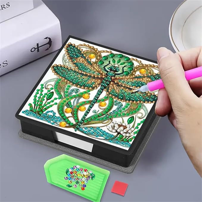 Dragonfly Diamond Painting Kit Note Box,Memo Paper Storage Box Diamond Art,Sticky Note Holder Diamond Art,Diamond Painting Memo Pad For Office Desk. (Dragonfly)