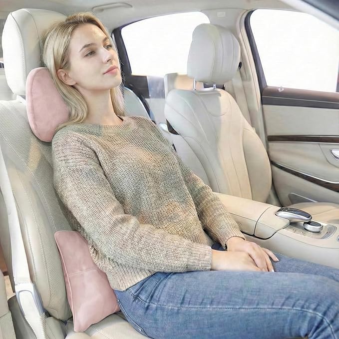 2PCS Car Pillow for Car Neck Pillow for Driving Seat Lumbar Support Soft Cushion with Extra Filling Accessories Back Support for Travel Nap and Trips Sleeping (Light Pink, Head and Lumbar)