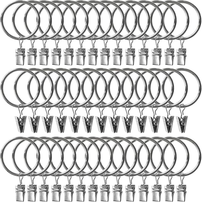 AMZSEVEN 100 Pack Metal Curtain Rings with Clips, Drapery Clips Hooks, Decorative Curtain Rod Clips 1.5 in Interior Diameter, Silver