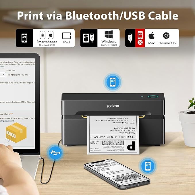 POLONO 4x6 Shipping Label Printer, Bluetooth Thermal Shipping Label Printer for Small Business, Support Android, iPhone and Windows, Widely Used for Amazon, Ebay, Shopify, Etsy, USPS, ect (Slate)
