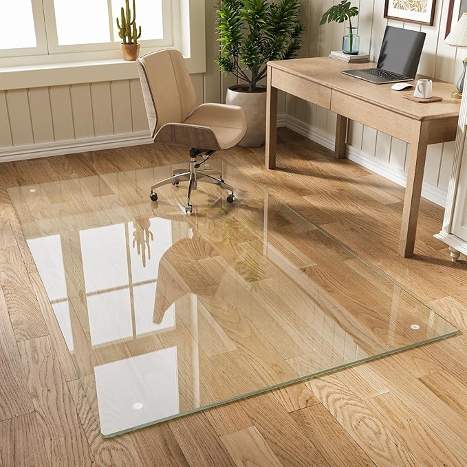 FlyEcho Glass Chair Mat 48" x 80" Heavy Duty Tempered Glass Office Chair Mat, Glass Floor Mat with Round Corner and Polished Edge for Smooth Glide, Carpet Hardwood Floor Protector