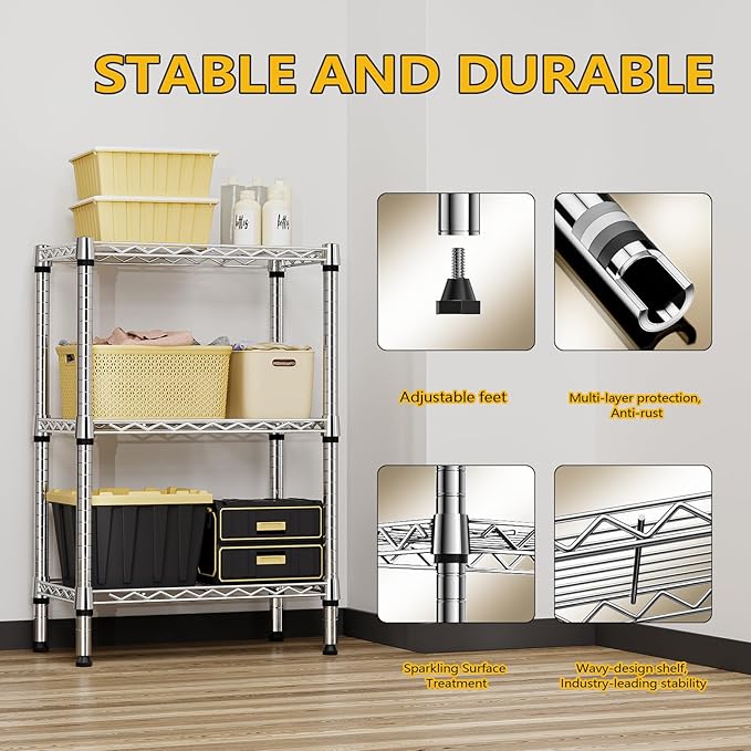 750 lbs 3 Tier Shelf Metal Storage Shelves Shelving Wire Rack Heavy Duty Closet Organizers for Garage Kitchen Bathroom Laundry Chrome 13.8" D x 23.6" W x 35.5" H
