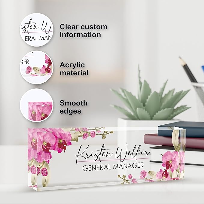 Personalized Name Plate for Desk, Custom Desk Name Plate, Acrylic Name Plate Office Desk Accessories, Personalized Office Gifts for Coworkers Teachers, Employee Appreciation Gifts (A-Butterfly Orchid)