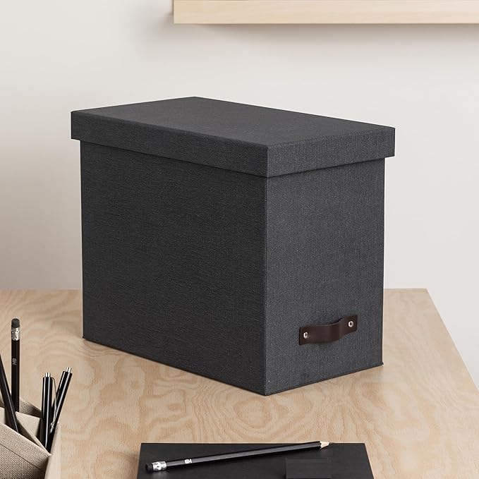 Bigso John Desktop File Box - Storage Solution and Document Organizer for Important Paperwork - Durable Hanging File Box with Lid and Leather Handle - 7.36 in x 13.26 in x 10.51 in - Black