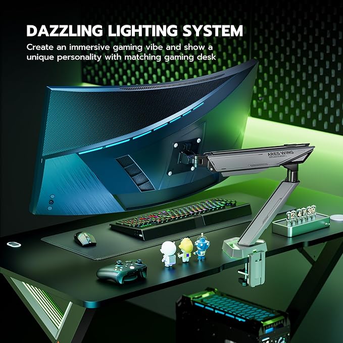 ARES WING RGB Single Monitor Arm Desk Mount for 17-45 inches Flat and Curved Monitors, Holds 35.2 lbs Heavy Duty, Adjustable Ultrawide Monitor Arm with Clamp & Grommet Base, 75/100 VESA Mount, Gray