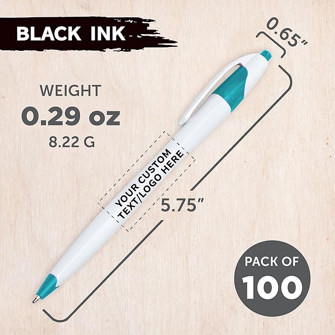 DISCOUNT PROMOS Custom Slim Curvy Ballpoint Pens Set of 100, Personalized Bulk Pack - Black Ink, Retractable, Great for Office, School, Tradeshows - Teal
