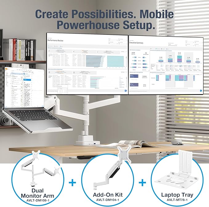 AVLT 57 Inch Heavy Duty Pole Top Mount Monitor Arm Series – Dual & Single Add-On Kits, Height Adjustable, VESA Compatible (White, Add-On Monitor Arm)
